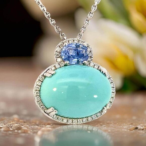 Turquoise Sapphire Diamond Necklace 17" 14k 19.03 TCW Certified $6,950 311694 - Picture 4 of 15